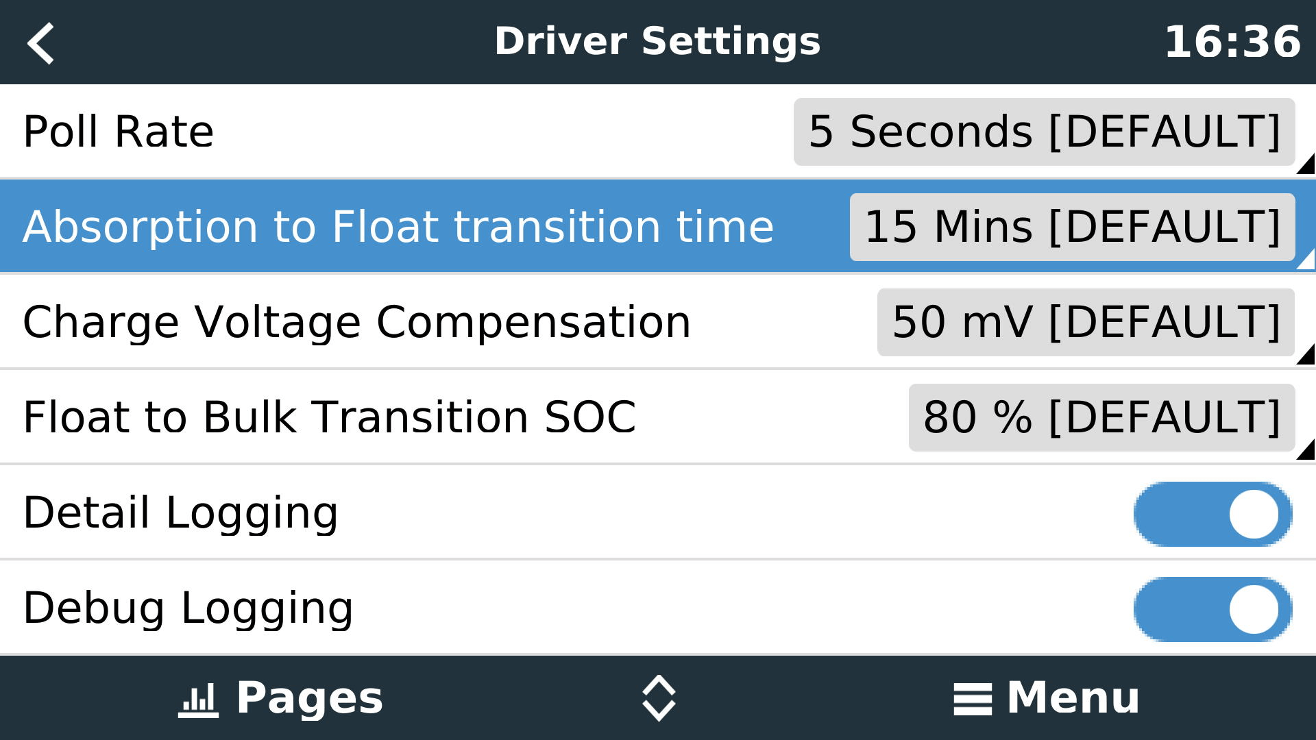 SFK Venus OS Driver - Driver Settings - Absorption to Float Transition Time
