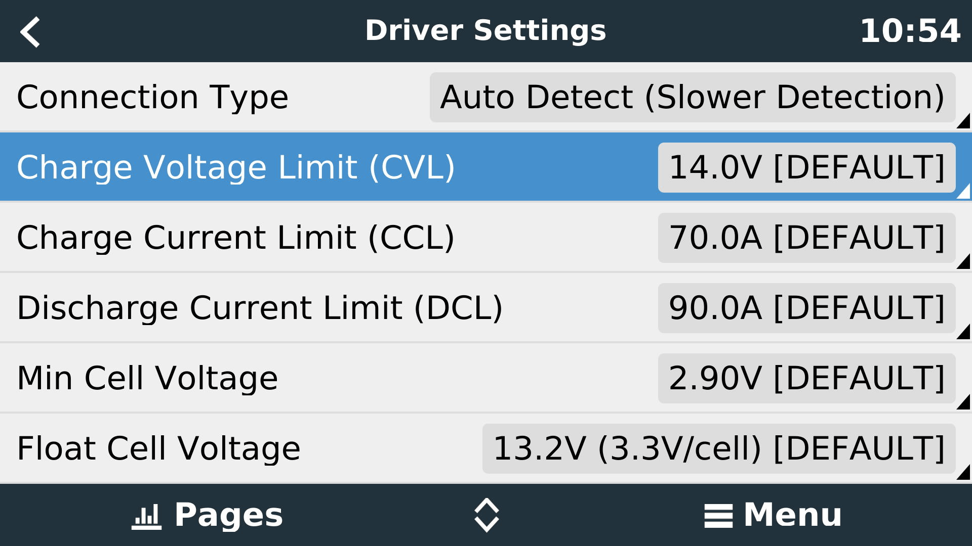 SFK Venus OS Driver - Driver Settings - Charge Voltage Limit